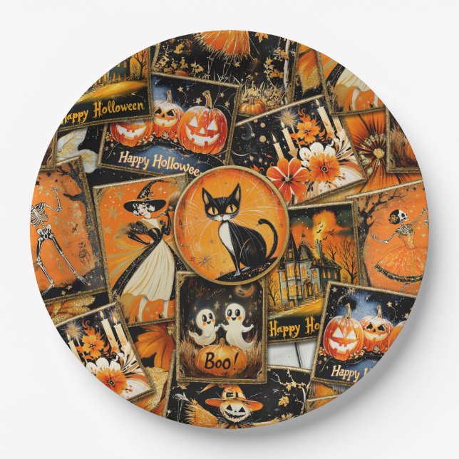 Retro Vintage Halloween Fun Collage Paper Plate (Front)