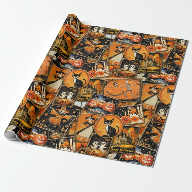 Retro Vintage Halloween Fun Collage Wrapping Paper (Unrolled)