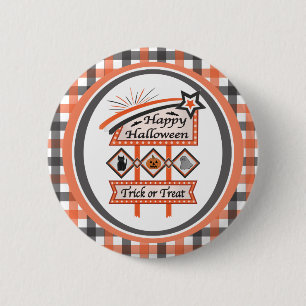 Retro Vintage Halloween Sign –Trick or Treat Plaid 6 Cm Round Badge