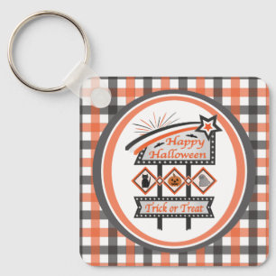 Retro Vintage Halloween Sign –Trick or Treat Plaid Key Ring