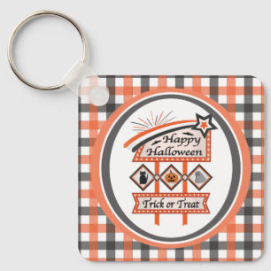 Retro Vintage Halloween Sign –Trick or Treat Plaid Key Ring