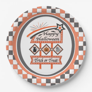 Retro Vintage Halloween Sign –Trick or Treat Plaid Paper Plate