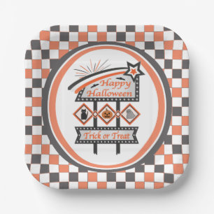 Retro Vintage Halloween Sign –Trick or Treat Plaid Paper Plate