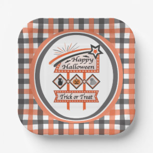 Retro Vintage Halloween Sign –Trick or Treat Plaid Paper Plate