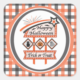 Retro Vintage Halloween Sign –Trick or Treat Plaid Square Sticker