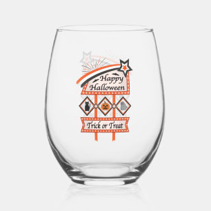 Retro Vintage Halloween Sign – Trick or Treat Stemless Wine Glass