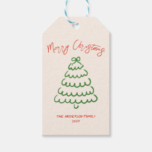 Retro Vintage Hand Drawn Bow Tree Unique Christmas Gift Tags