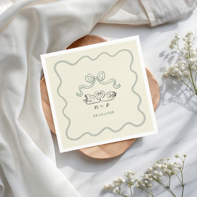 Retro Vintage Hand Drawn Swan Stripes Wedding Napkin (Creator Uploaded)