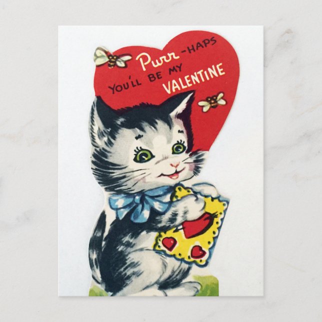 Retro Vintage Holiday Valentine cat postcard (Front)