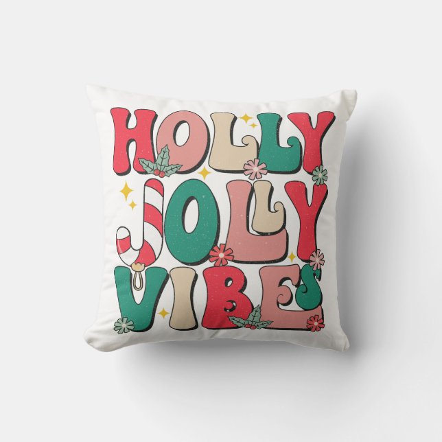 Retro Vintage Holly Jolly Vibes Festive Cushion (Front)