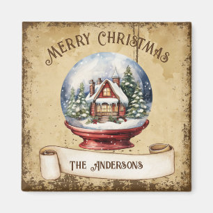 Retro Vintage House In Snow Globe Merry Christmas Magnet