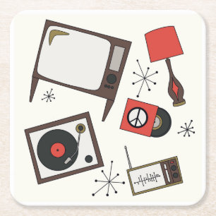 Retro, vintage household items square paper coaster