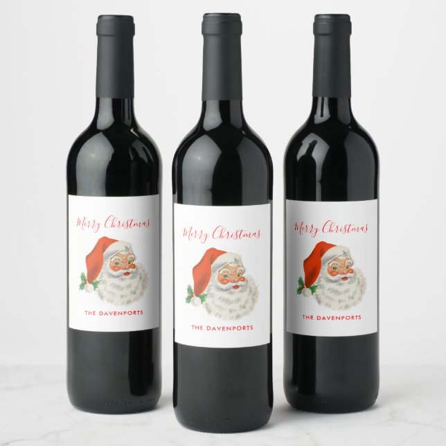 Retro Vintage Jolly Santa Claus Christmas Wine Label (Bottles)