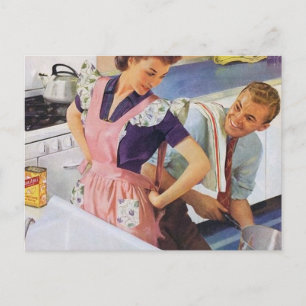 retro vintage kitchen couple postcard