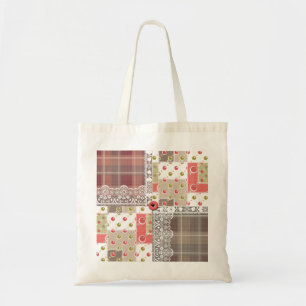 Retro vintage lace plaid chequered patchwork boho tote bag