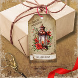 Retro Vintage Lantern Red Green Floral Christmas Gift Tags<br><div class="desc">Beautiful retro vintage illustration of a lantern decorated with red flowers and green botanicals on a retro grunge background and frame for an aged or vintage look. Design features a vintage scroll ribbon for your personalisation both in the front or the back sides of this elegant, and timeless Holiday Gift...</div>