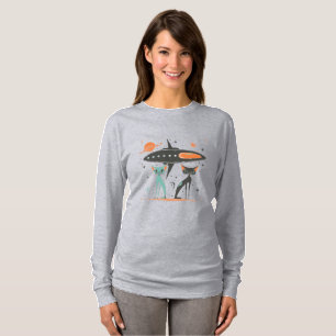   Retro Vintage MCM Cats Black Orange Spaceship T-Shirt