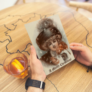 Retro Vintage Merry Christmas Beautiful Lady Holiday Card