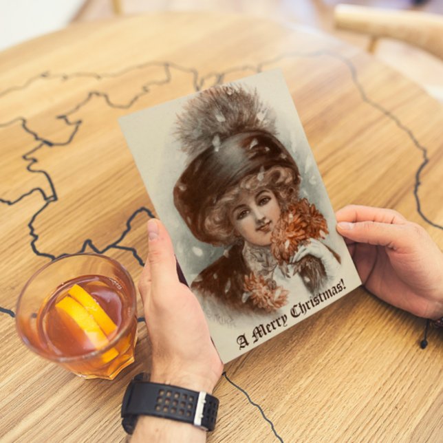 Retro Vintage Merry Christmas Beautiful Lady Holiday Card (Creator Uploaded)