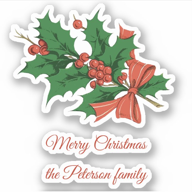 Retro Vintage Merry Christmas Holly Bow Name (Front)