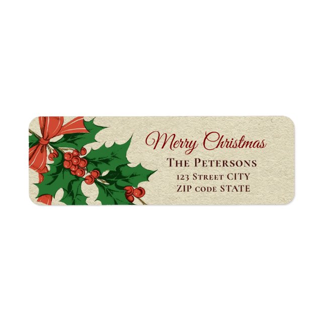 Retro Vintage Merry Christmas Holly Bow Name (Front)