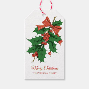 Retro Vintage Merry Christmas Holly Bow Name Gift Tags