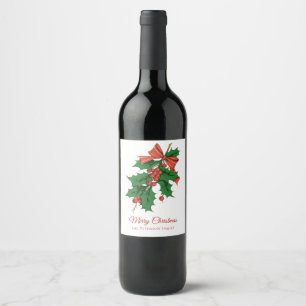 Retro Vintage Merry Christmas Holly Bow Name Wine Label