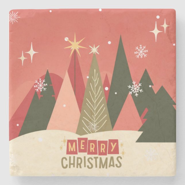 Retro/Vintage Merry Christmas tree Stone Coaster (Front)