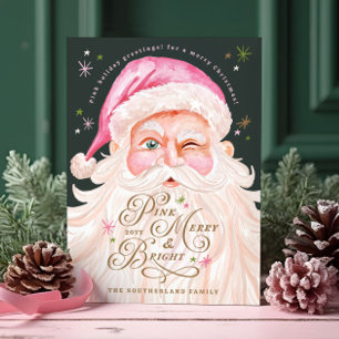 Retro Vintage Merry & Pink Watercolor Santa Claus Holiday Card
