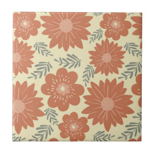 Retro Vintage Mid Century Modern Brown Flower Tile