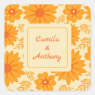 Retro Vintage Mid Century Orange Flower Pattern Square Sticker