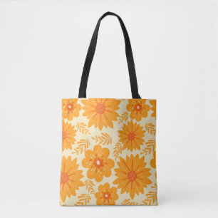 Retro Vintage Mid Century Orange Flower Pattern Tote Bag
