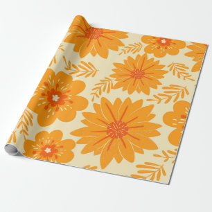 Retro Vintage Mid Century Orange Flower Pattern Wrapping Paper