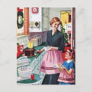 retro vintage Mother Daughter eating cake Postcard