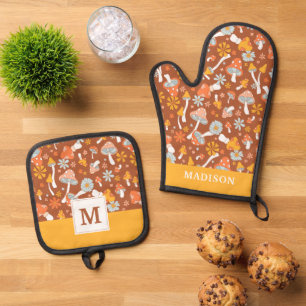 Retro Vintage Mushroom Flower Pattern Oven Mitt & Pot Holder Set