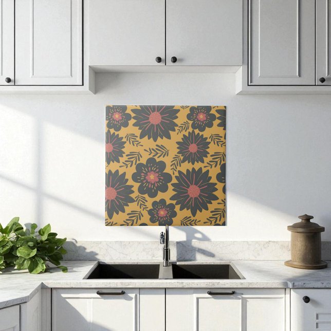 Retro Vintage Mustard Black Red Floral  Tile (Creator Uploaded)