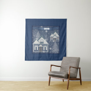 Retro vintage New Year 2020 illustration navy dark Tapestry