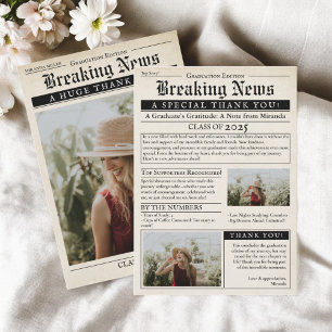 Retro Vintage Newspaper 3 Photos Graduation Thank You Card