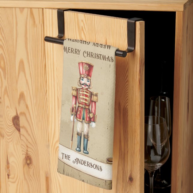 Retro Vintage Nutcracker  Custom Merry Christmas Tea Towel (Thirds Fold)