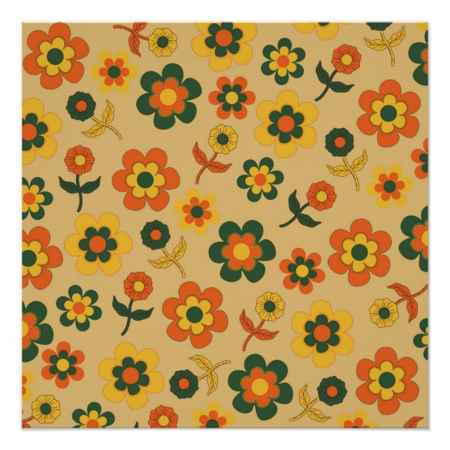 Retro Vintage Orange 70s Flower Pattern Poster (Front)