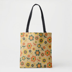 Retro Vintage Orange 70s Flower Pattern Tote Bag
