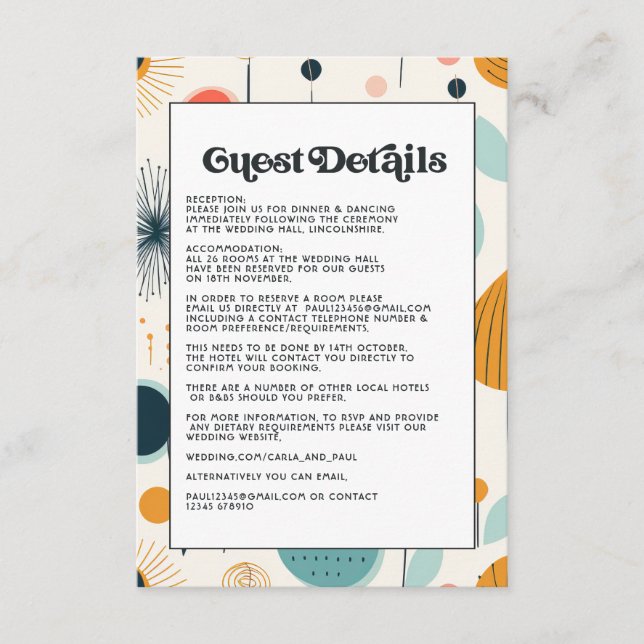 Retro Vintage Pattern Wedding Guest Details Enclosure Card (Front)