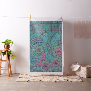 Retro Vintage Peacock in Sage Teal and Pink Fabric