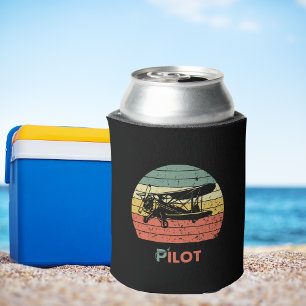 Retro Vintage Pilot Biplane Aeroplane Sunset beer Can Cooler