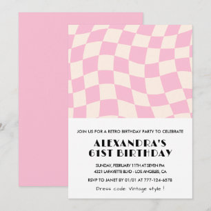 Retro Vintage Pink Chequered 61st  birthday Invitation