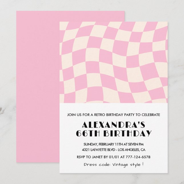 Retro Vintage Pink Chequered 66th birthday Invitation (Front/Back)