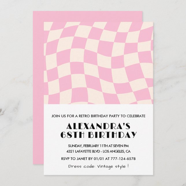 Retro Vintage Pink Chequered 68th birthday Invitation (Front/Back)