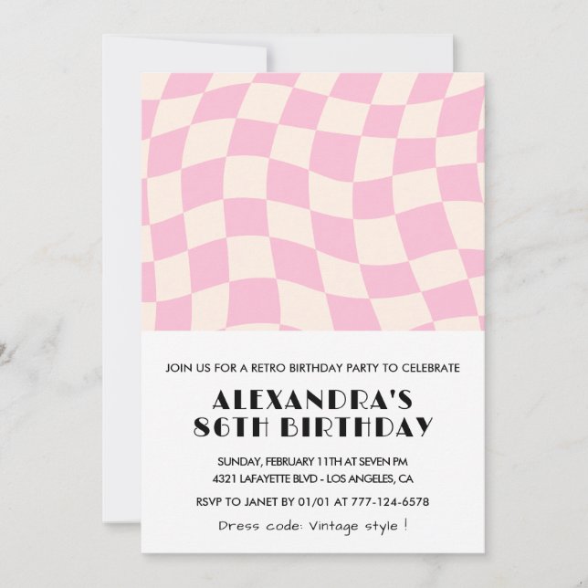 Retro Vintage Pink Chequered 86th birthday Invitation (Front)