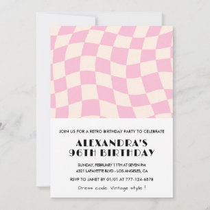 Retro Vintage Pink Chequered 96th birthday Invitation