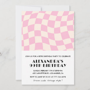 Retro Vintage Pink Chequered 99th birthday Invitation